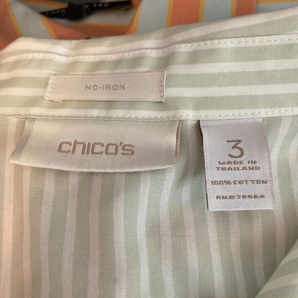 Chicos Shirt Womens Sz 3 US XL Green White Cotton Striped Button Down Dress - Picture 5 of 8